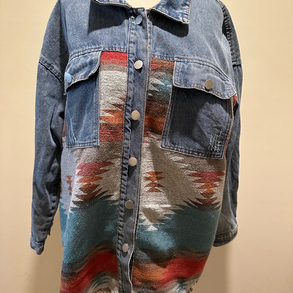 Unisex  Denim Jacket with Vibrant multicolor Pattern size L